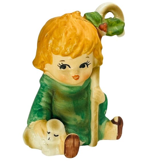 Lefton Shepherd Boy Girl Sheep Staff Figurine Christmas Holy Vintage Hand Paint - Picture 1 of 7